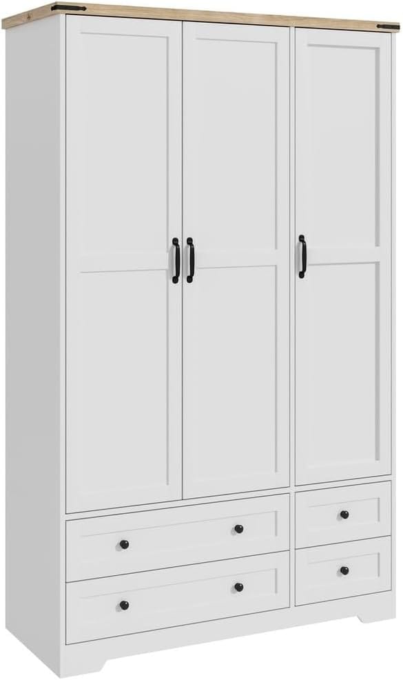 Shano Wardrobe with 3 Doors & 4 Drawers | White, Black, Grey & Oak