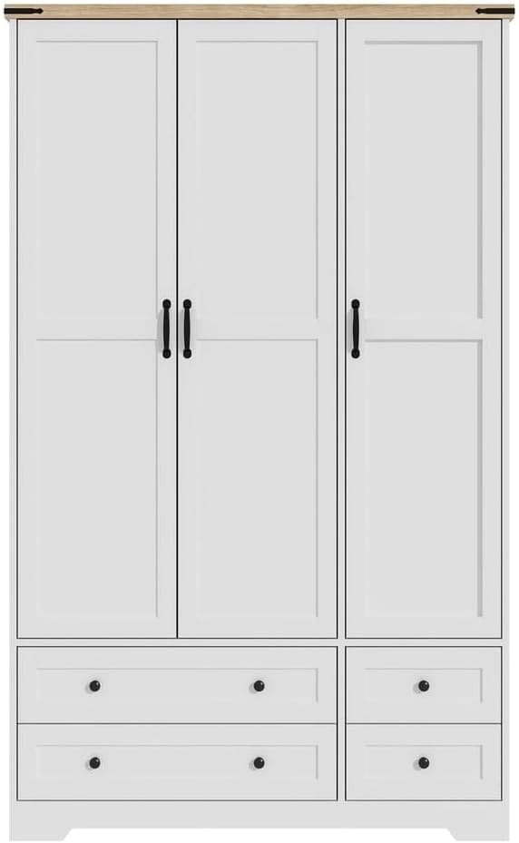 Shano Wardrobe with 3 Doors & 4 Drawers | White, Black, Grey & Oak