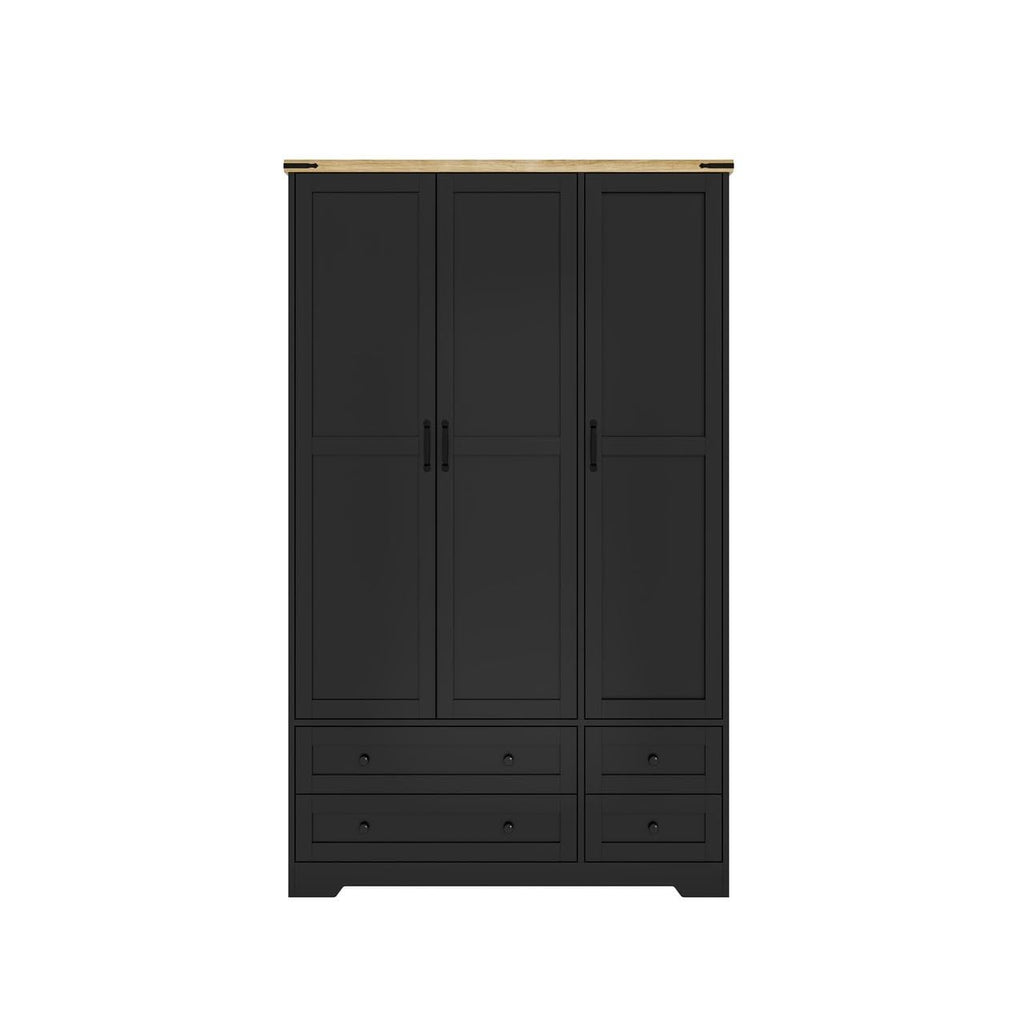 Shano Wardrobe with 3 Doors & 4 Drawers | White, Black, Grey & Oak