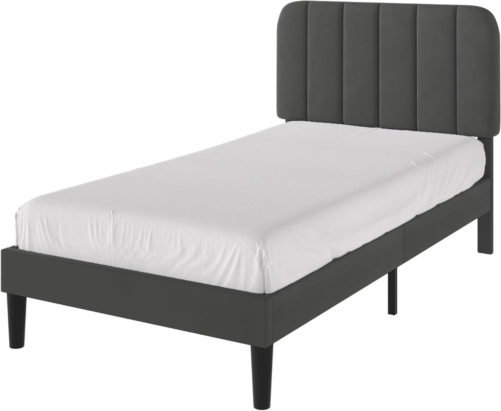 Double Bed Frame with 4 Storage Drawers | Velvet Upholstered Headboard | Wooden Slats | Beige & Grey