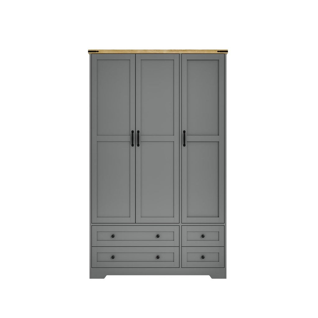 Shano Wardrobe with 3 Doors & 4 Drawers | White, Black, Grey & Oak
