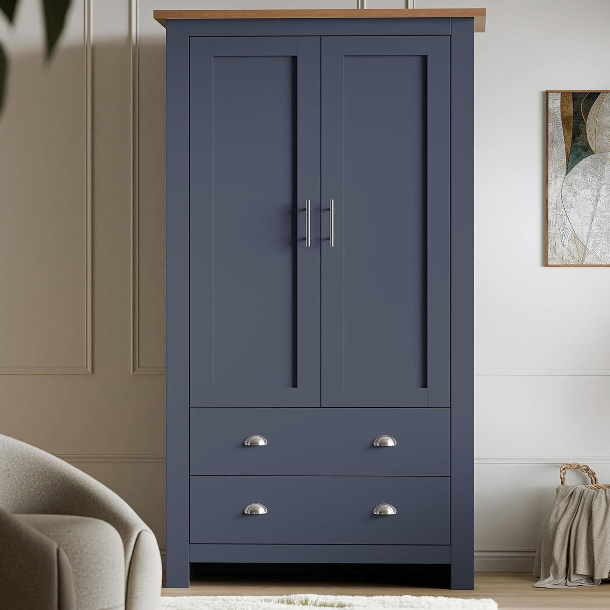 Shano 3 Door Wardrobe with Hanging Rail, 4 Shelves & 2 Drawers | White, Grey & Blue