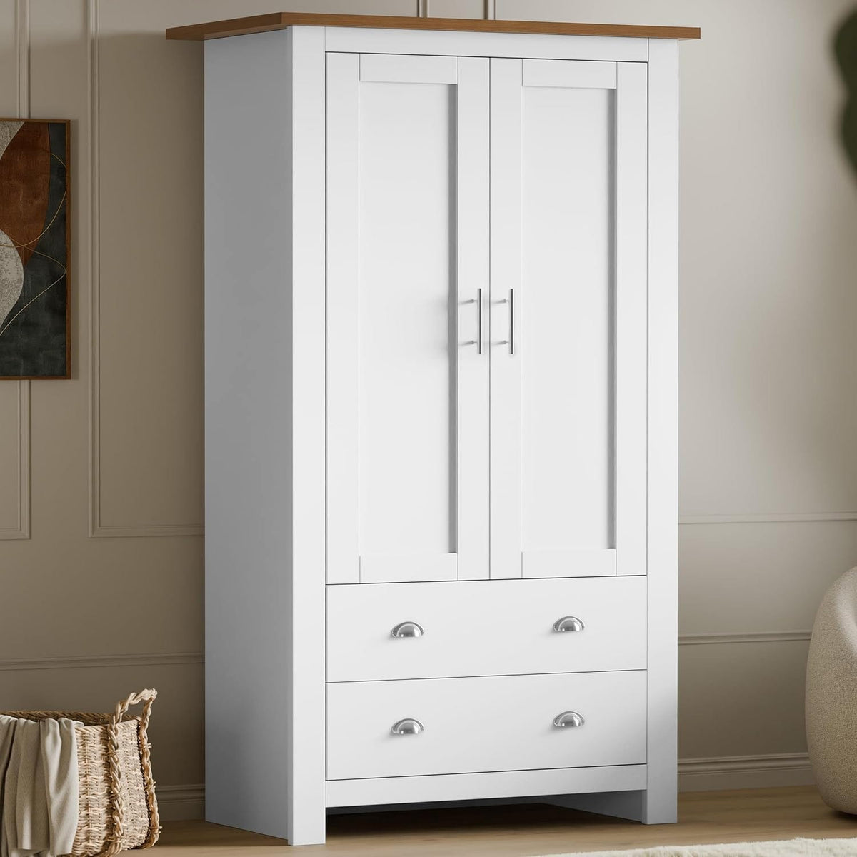 Shano 3 Door Wardrobe with Hanging Rail, 4 Shelves & 2 Drawers | White, Grey & Blue