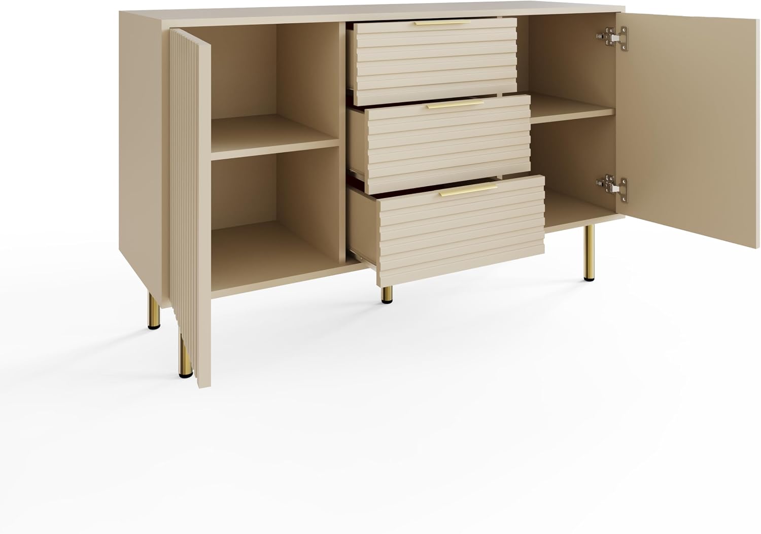 Art Deco Sideboard with 3 Drawers & 2 Doors | Wood Grain Finish | Brushed Metal Handles | Oak, Ivory & Black
