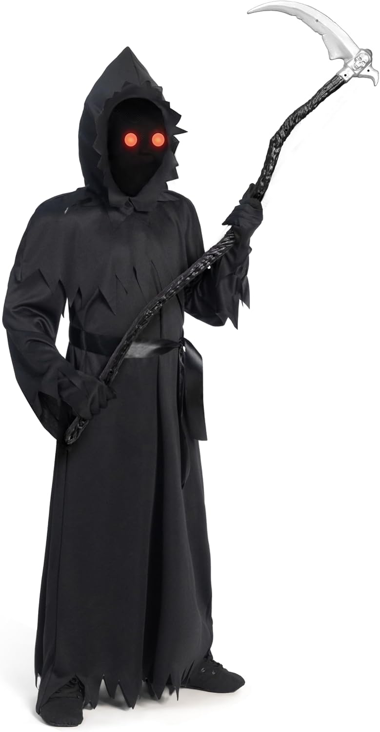 Spooktacular Creations Child Unisex Black Grim Reaper Costume, Creepy Phantom Costume with Gloves Scythe Light-Up Glasses for Boys Halloween Dress up, Role-Playing