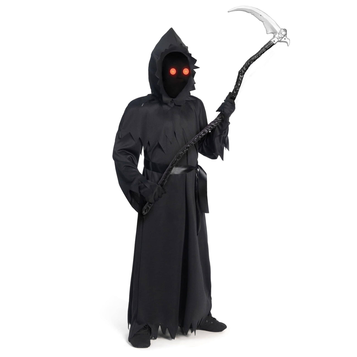 Spooktacular Creations Child Unisex Black Grim Reaper Costume, Creepy Phantom Costume with Gloves Scythe Light-Up Glasses for Boys Halloween Dress up, Role-Playing