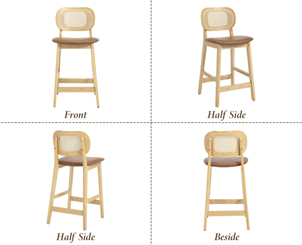 Shano Bar Stools Set of 2 | Rattan Backrest | Adjustable Height | PU Cushion | 4 Colours