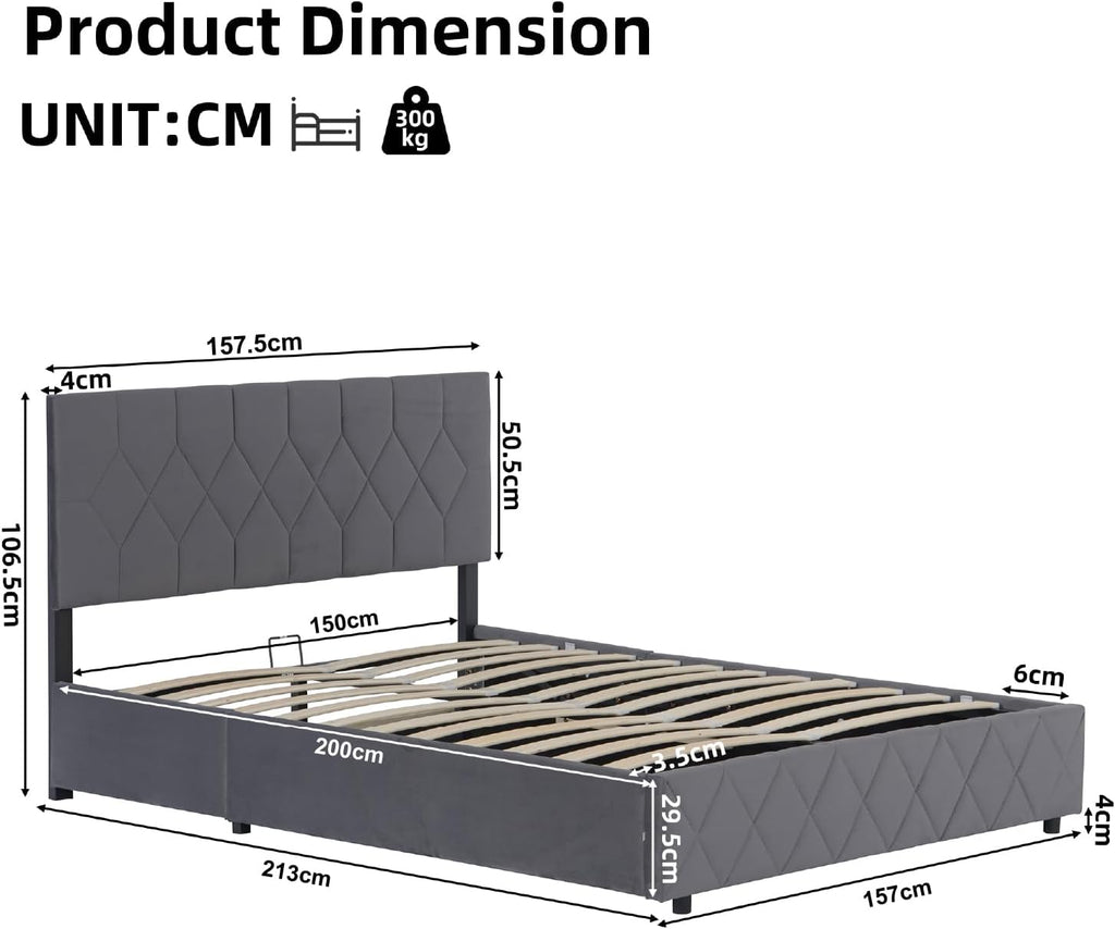 Velvet Ottoman Storage Bed with Wingback Headboard | Hydraulic Lift | 300kg Capacity | Double & King | Grey & Cream