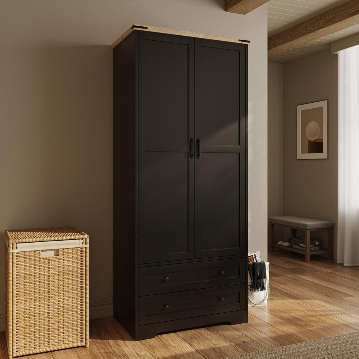 Shano Wardrobe with 3 Doors & 4 Drawers | White, Black, Grey & Oak