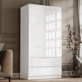 Shano High Gloss Wardrobe for Bedroom – White 2 Door & 2 Drawers Wooden Wardrobe with Hanging Rail, Modern Double Clothes Storage Cupboard Unit for Bedroom Furniture