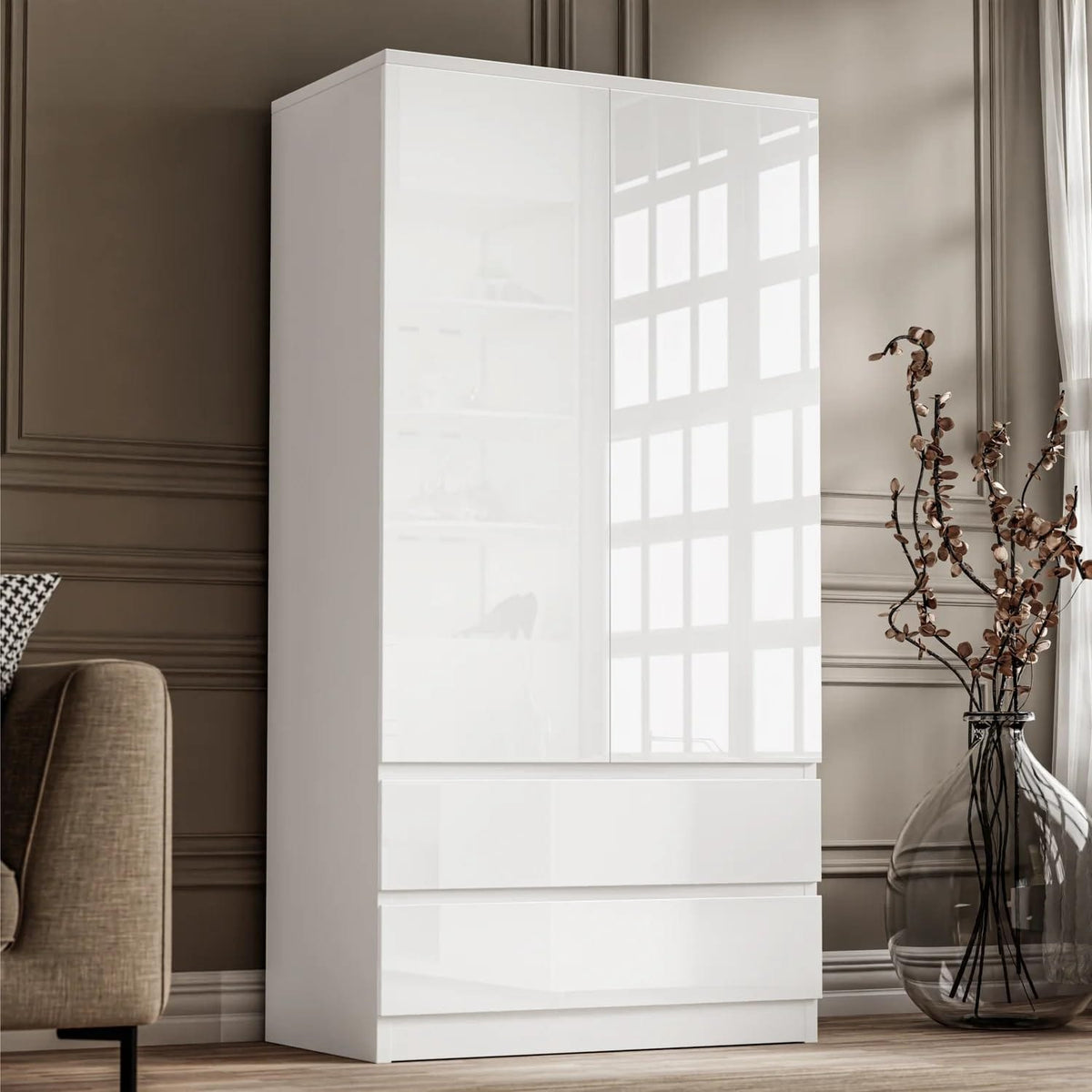 Shano High Gloss Wardrobe for Bedroom – White 2 Door & 2 Drawers Wooden Wardrobe with Hanging Rail, Modern Double Clothes Storage Cupboard Unit for Bedroom Furniture
