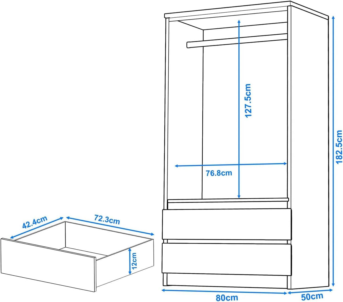 Shano High Gloss Wardrobe for Bedroom – White 2 Door & 2 Drawers Wooden Wardrobe with Hanging Rail, Modern Double Clothes Storage Cupboard Unit for Bedroom Furniture