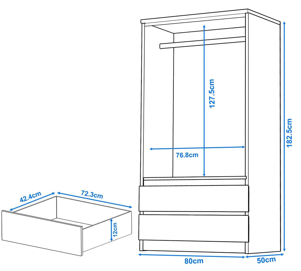 Shano High Gloss Wardrobe for Bedroom – White 2 Door & 2 Drawers Wooden Wardrobe with Hanging Rail, Modern Double Clothes Storage Cupboard Unit for Bedroom Furniture
