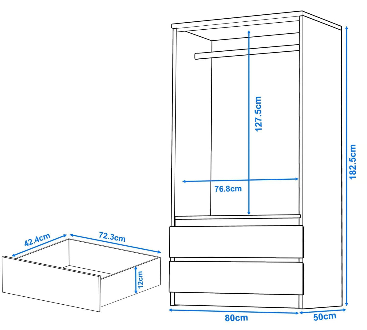 Shano High Gloss Wardrobe for Bedroom – White 2 Door & 2 Drawers Wooden Wardrobe with Hanging Rail, Modern Double Clothes Storage Cupboard Unit for Bedroom Furniture