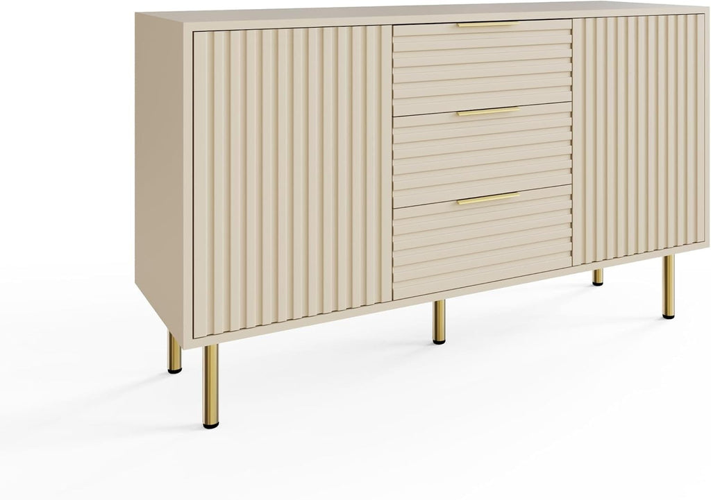 Art Deco Sideboard with 3 Drawers & 2 Doors | Wood Grain Finish | Brushed Metal Handles | Oak, Ivory & Black