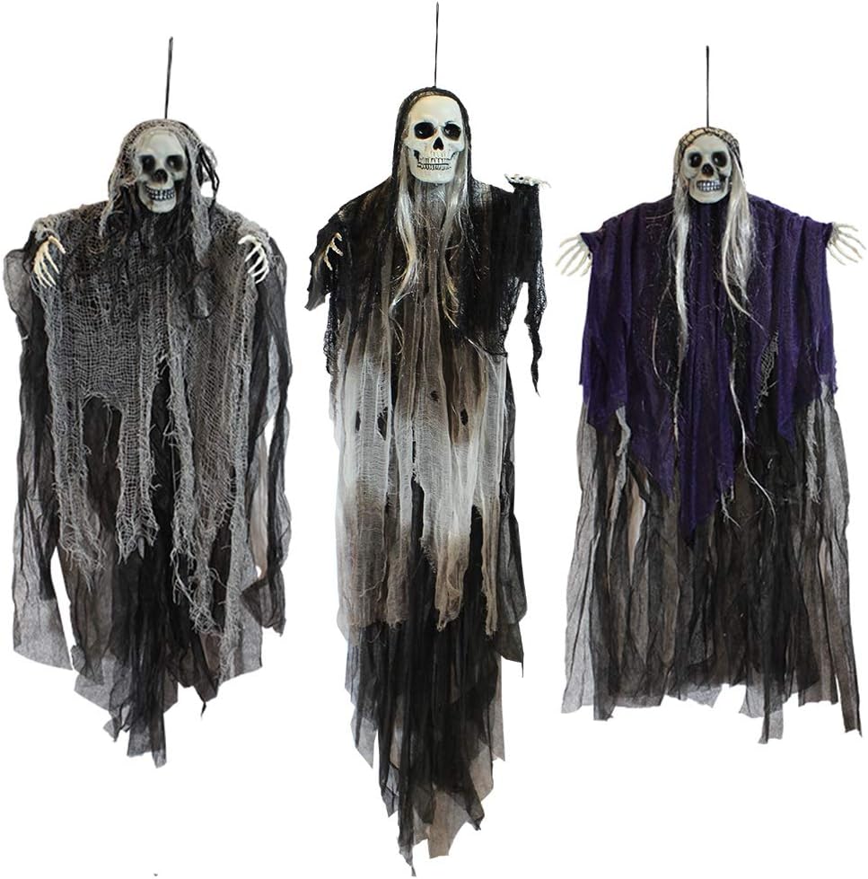 JOYIN 3 Pack Hanging Halloween Skeleton Ghosts Decorations, Grim Reapers for Halloween Outdoor Decorations
