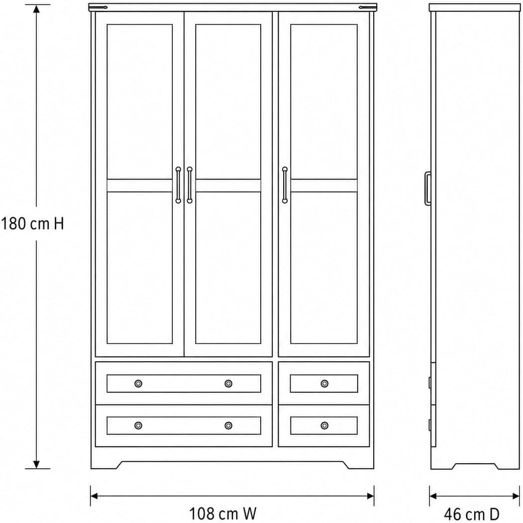 Shano Wardrobe with 3 Doors & 4 Drawers | White, Black, Grey & Oak