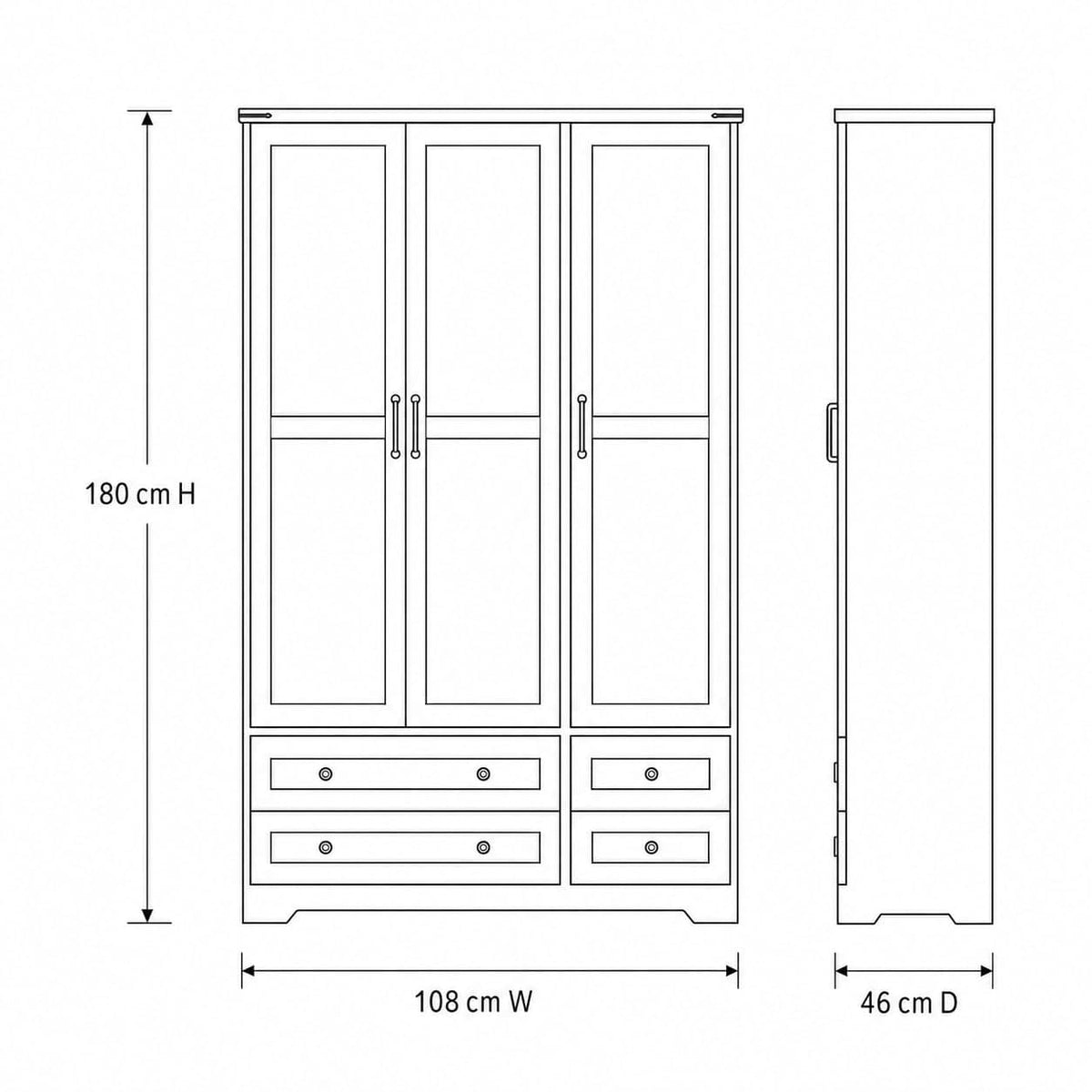Shano Wardrobe with 3 Doors & 4 Drawers | White, Black, Grey & Oak