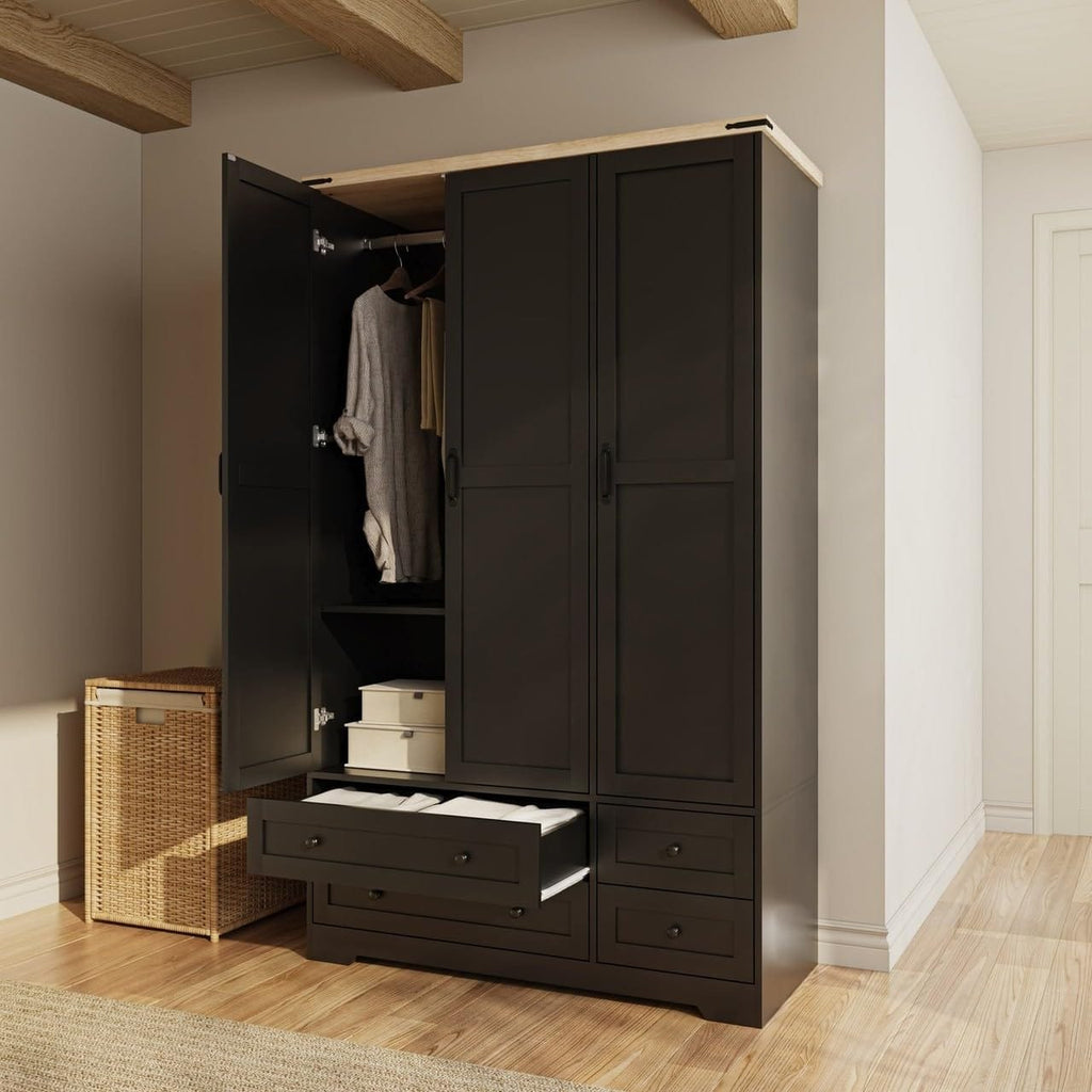 Shano Wardrobe with 3 Doors & 4 Drawers | White, Black, Grey & Oak