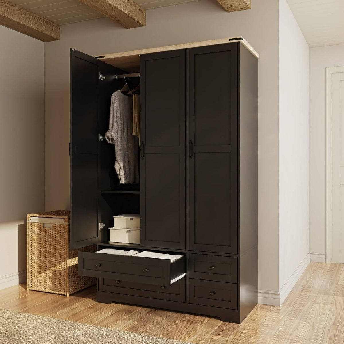 Shano Wardrobe with 3 Doors & 4 Drawers | White, Black, Grey & Oak