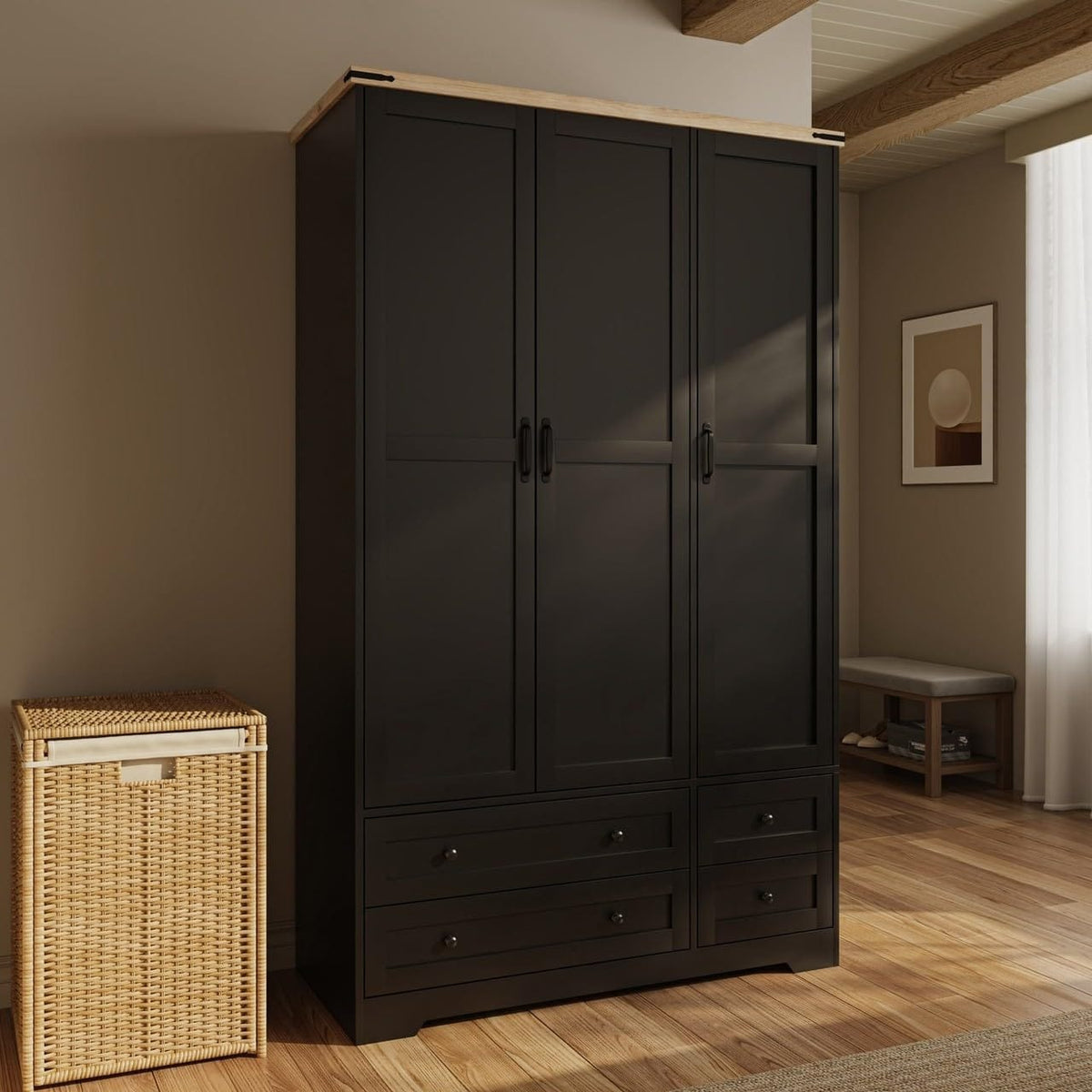 Shano Wardrobe with 3 Doors & 4 Drawers | White, Black, Grey & Oak