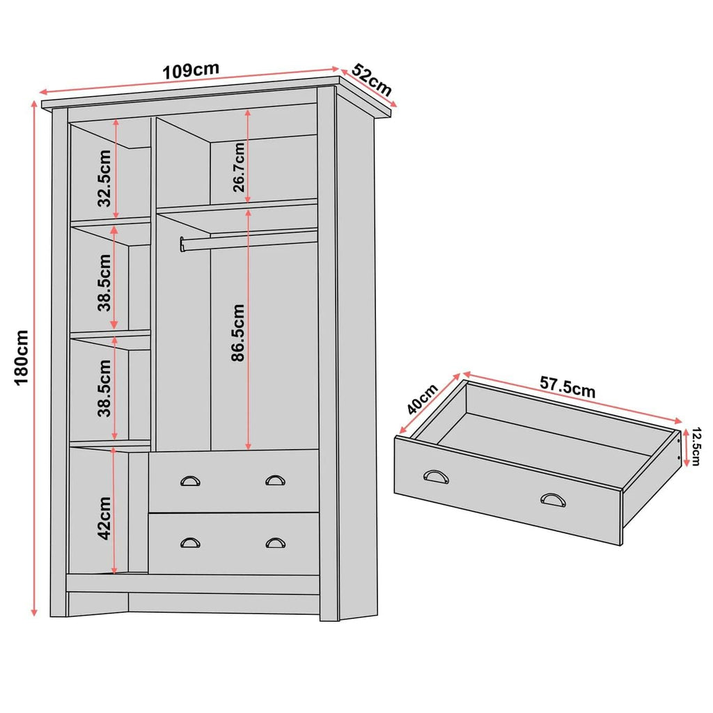 Shano 3 Door Wardrobe with Hanging Rail, 4 Shelves & 2 Drawers | White, Grey & Blue