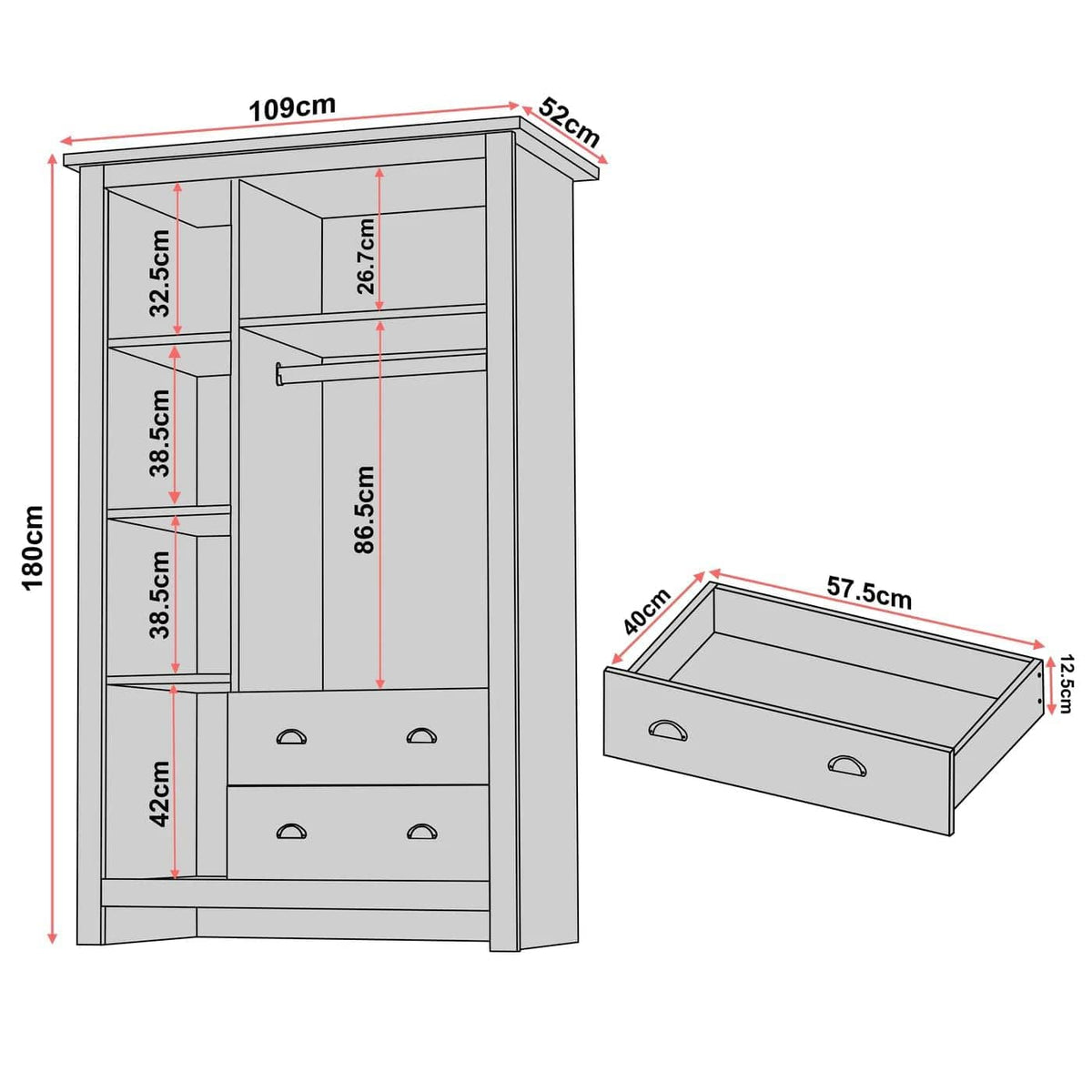 Shano 3 Door Wardrobe with Hanging Rail, 4 Shelves & 2 Drawers | White, Grey & Blue