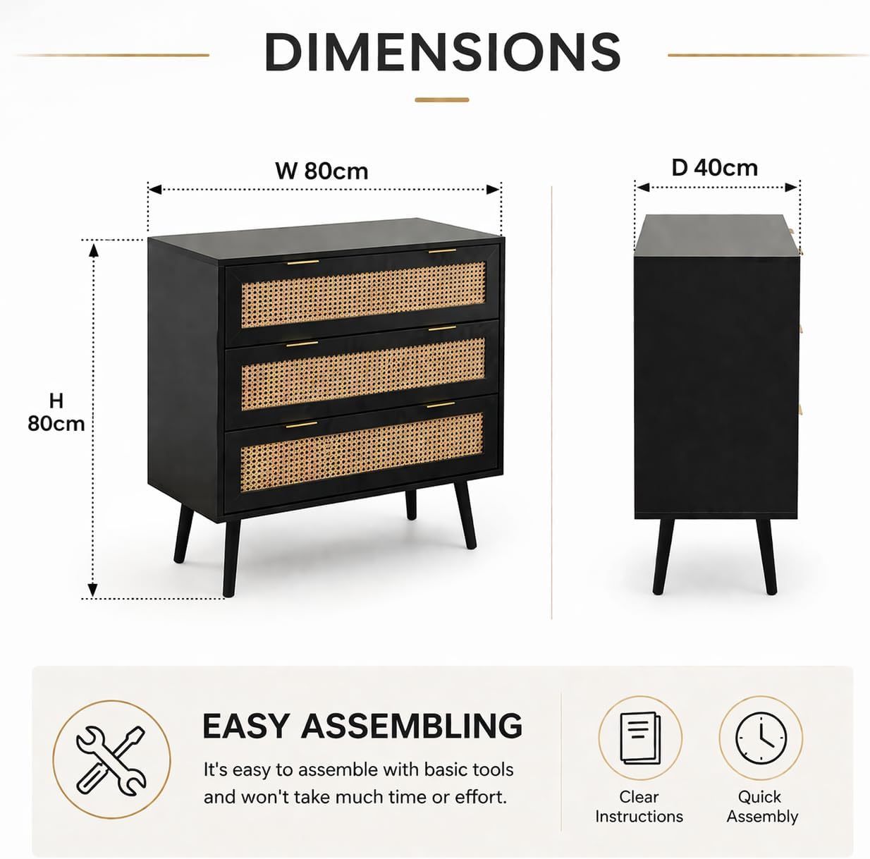 Black Rattan Chest of 3 Drawers | Real Rattan Fronts | Solid Pine Legs | Golden Handles | Bedroom & Living Room