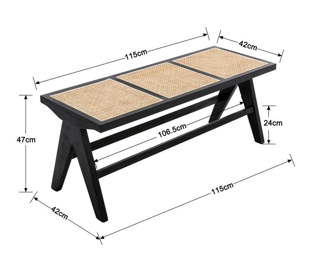 Shano Rattan Dining Bench | Solid Wood Frame | Woven Rattan Seat | Entryway Ottoman | 2 Colours