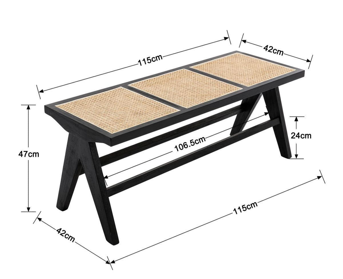 Shano Rattan Dining Bench | Solid Wood Frame | Woven Rattan Seat | Entryway Ottoman | 2 Colours