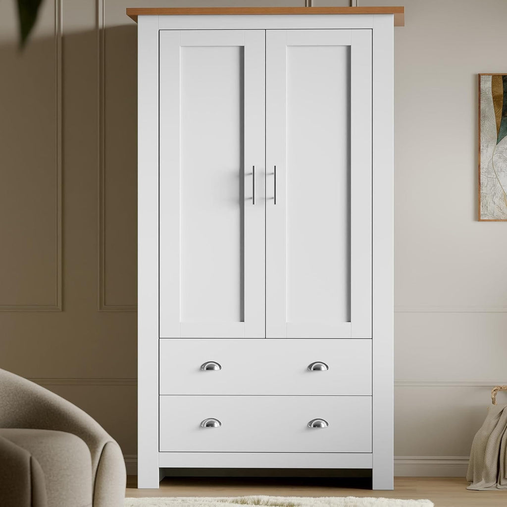 Shano 3 Door Wardrobe with Hanging Rail, 4 Shelves & 2 Drawers | White, Grey & Blue