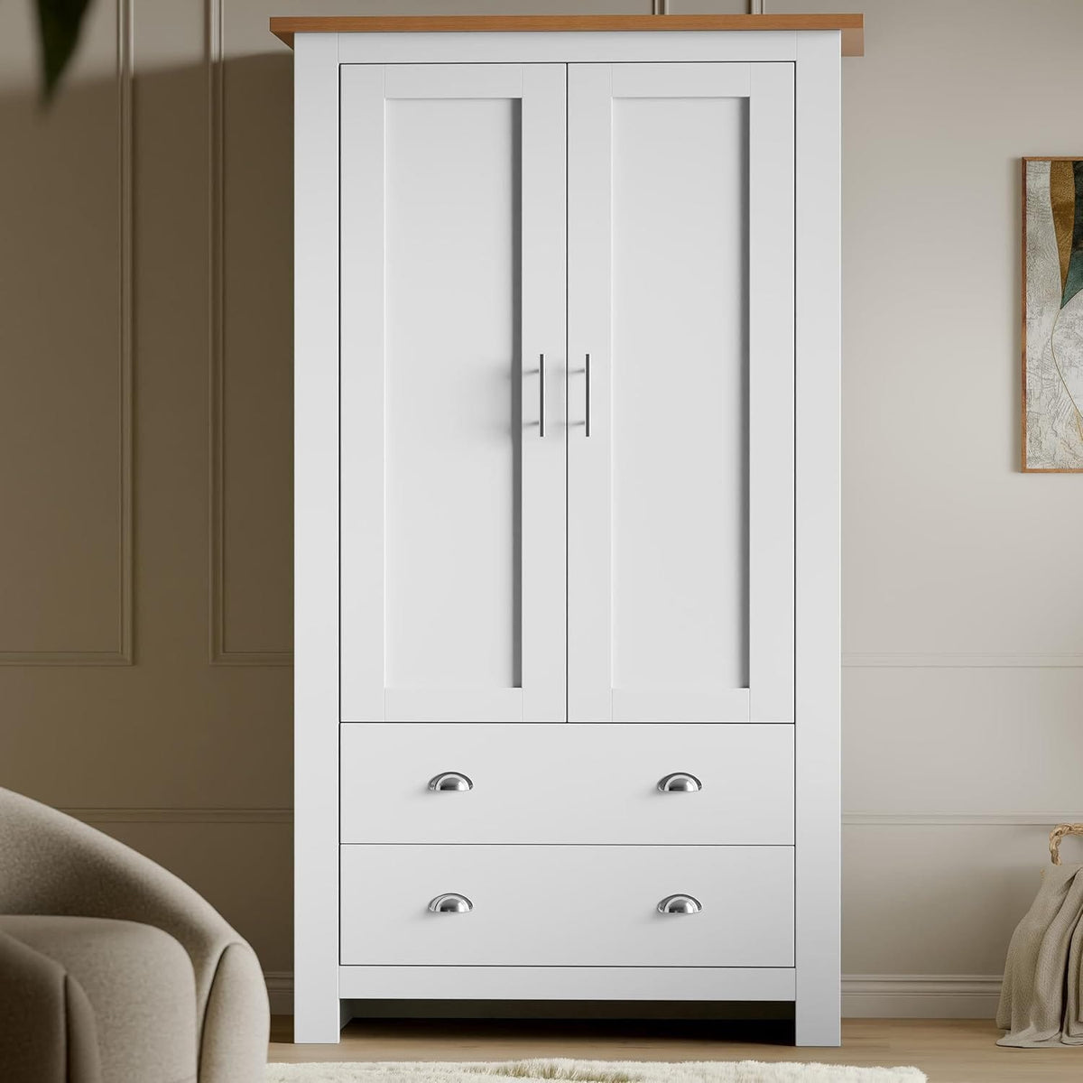 Shano 3 Door Wardrobe with Hanging Rail, 4 Shelves & 2 Drawers | White, Grey & Blue