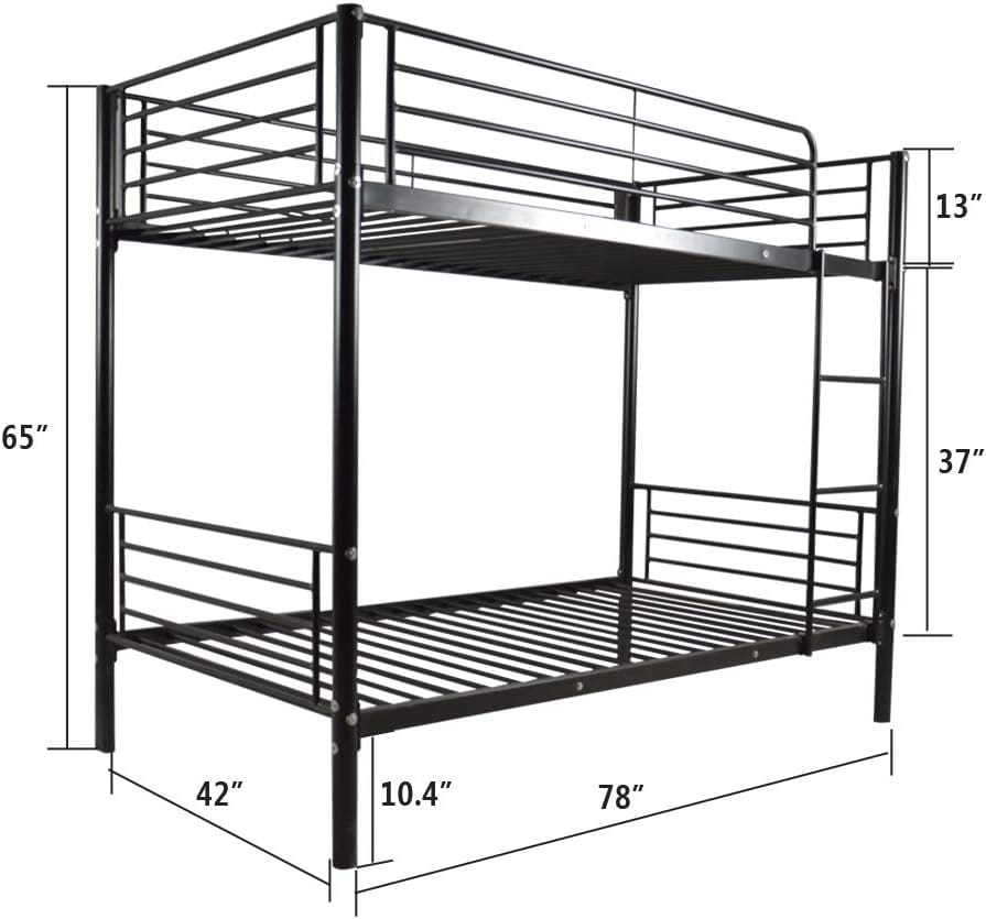 Heavy Duty Metal Bunk Bed Single over Single | Full-Length Guardrails | Optional Storage Drawers | Black & White