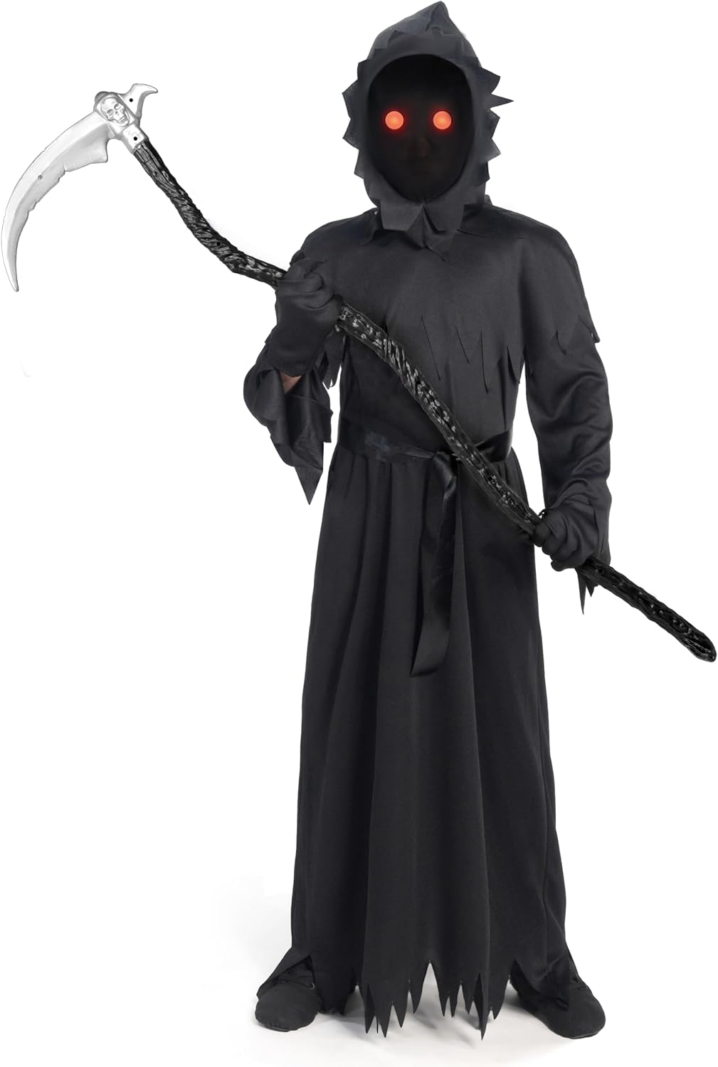 Spooktacular Creations Child Unisex Black Grim Reaper Costume, Creepy Phantom Costume with Gloves Scythe Light-Up Glasses for Boys Halloween Dress up, Role-Playing