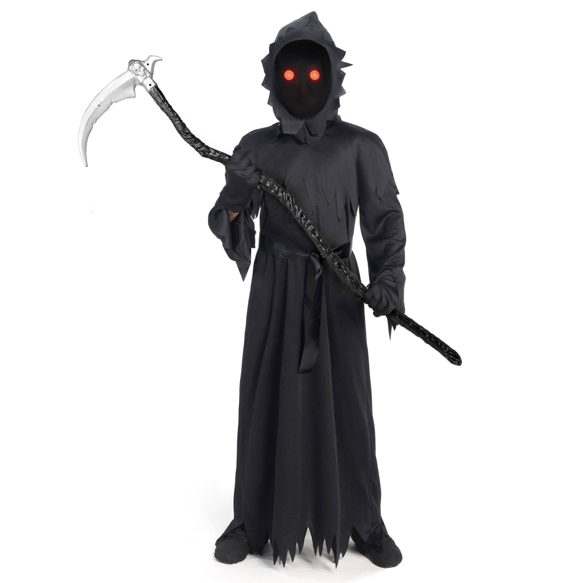 Spooktacular Creations Child Unisex Black Grim Reaper Costume, Creepy Phantom Costume with Gloves Scythe Light-Up Glasses for Boys Halloween Dress up, Role-Playing