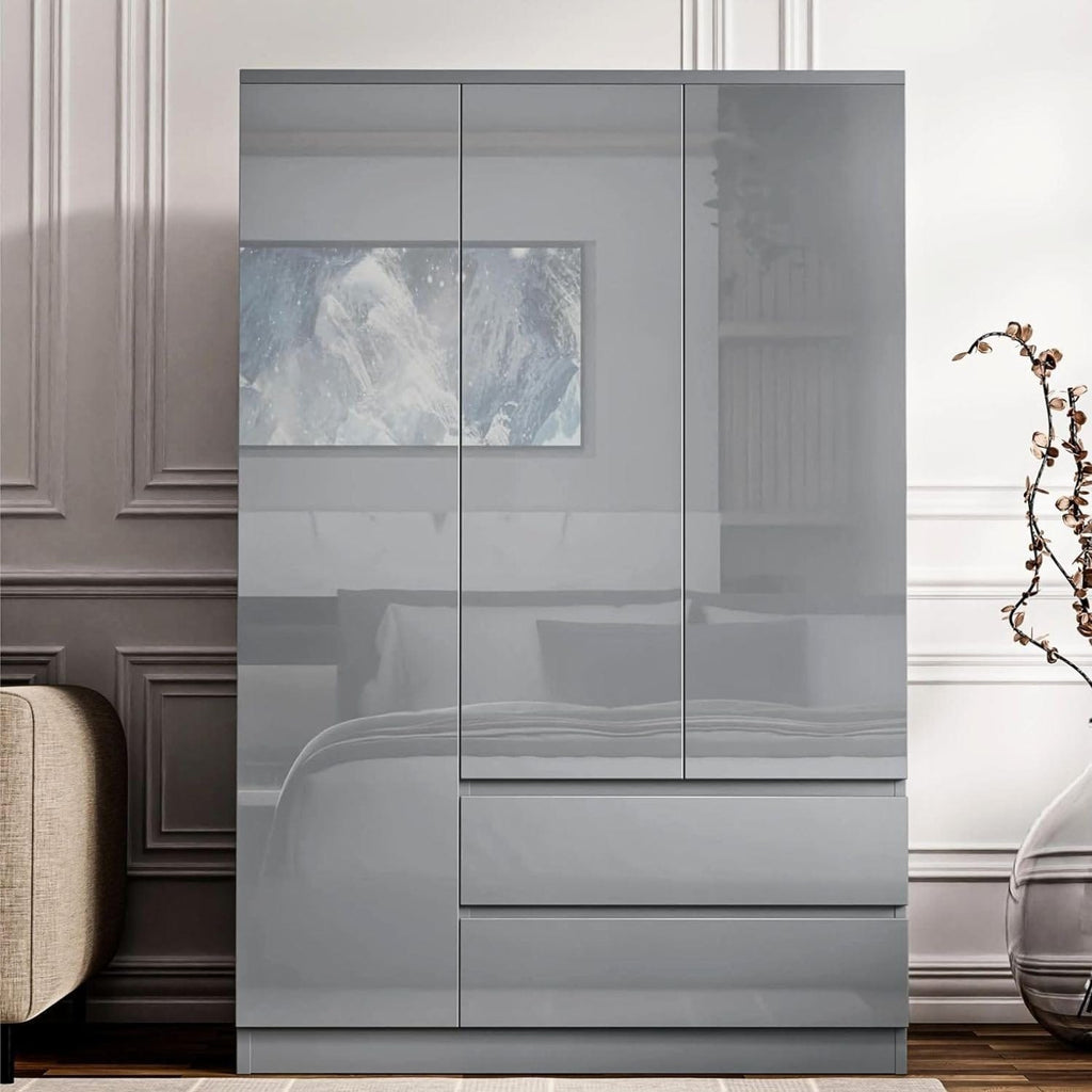 Shano High Gloss Wardrobe for Bedroom – White 2 Door & 2 Drawers Wooden Wardrobe with Hanging Rail, Modern Double Clothes Storage Cupboard Unit for Bedroom Furniture