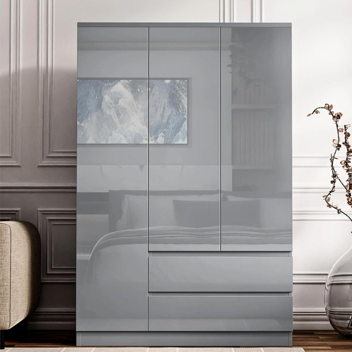 Shano High Gloss Wardrobe for Bedroom – White 2 Door & 2 Drawers Wooden Wardrobe with Hanging Rail, Modern Double Clothes Storage Cupboard Unit for Bedroom Furniture