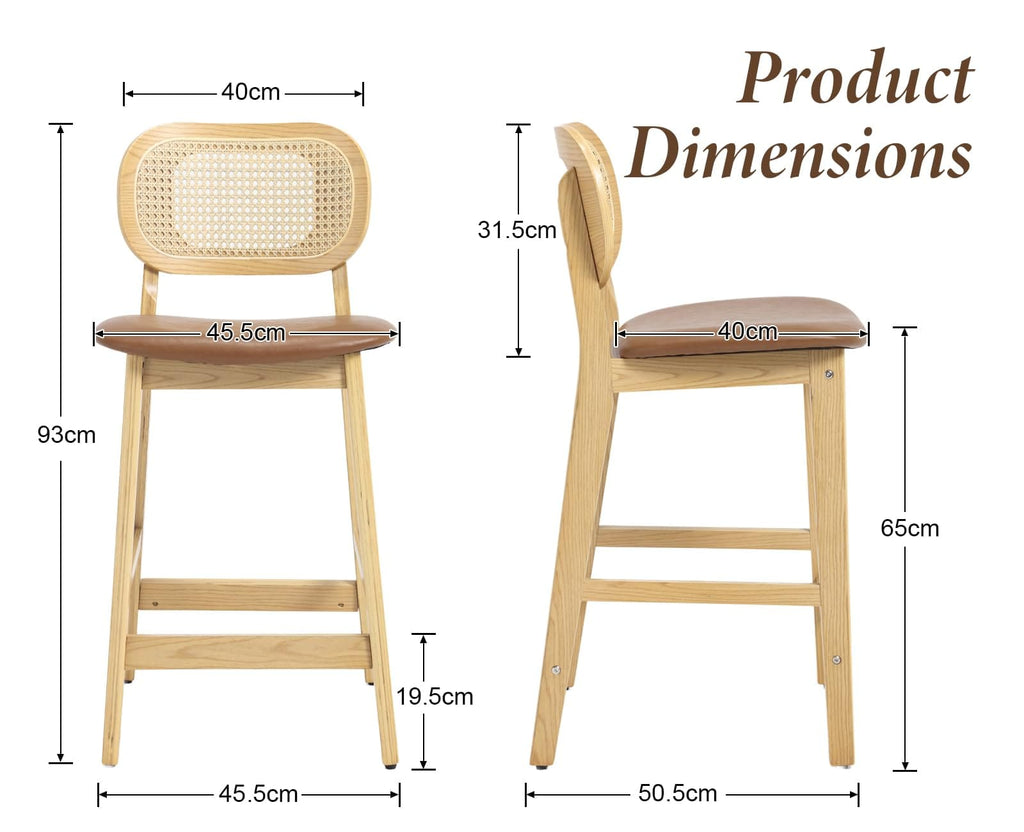 Shano Bar Stools Set of 2 | Rattan Backrest | Adjustable Height | PU Cushion | 4 Colours