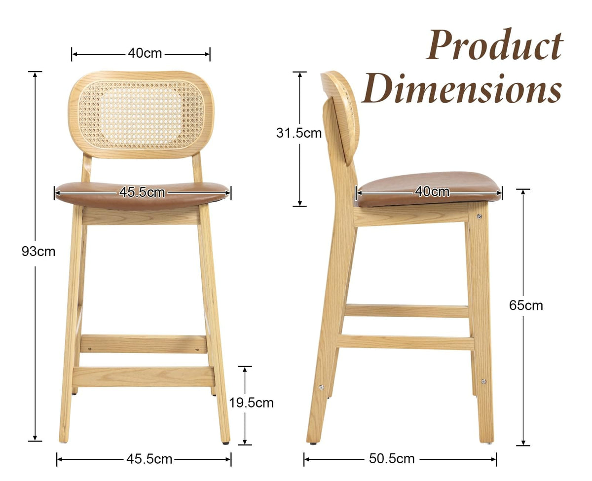 Shano Bar Stools Set of 2 | Rattan Backrest | Adjustable Height | PU Cushion | 4 Colours
