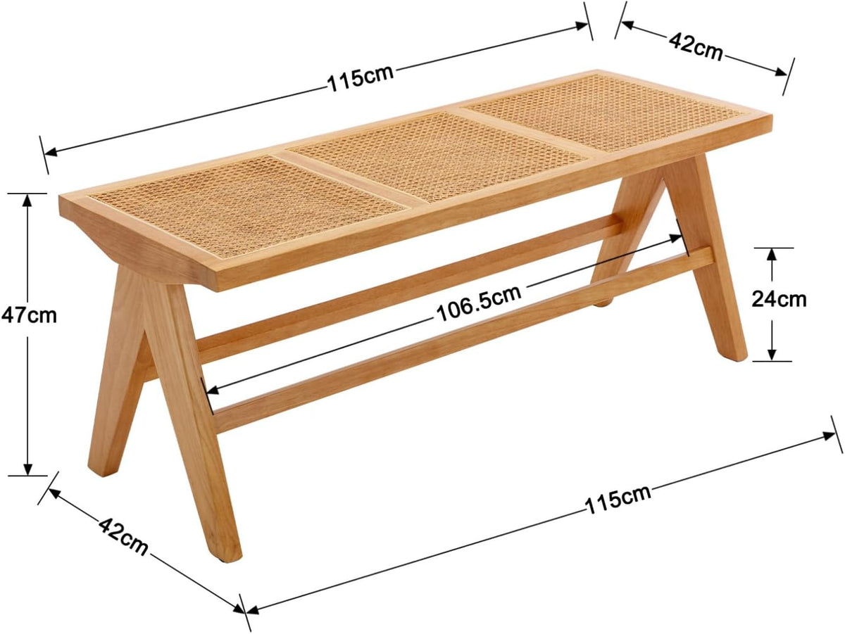 Shano Rattan Dining Bench | Solid Wood Frame | Woven Rattan Seat | Entryway Ottoman | 2 Colours