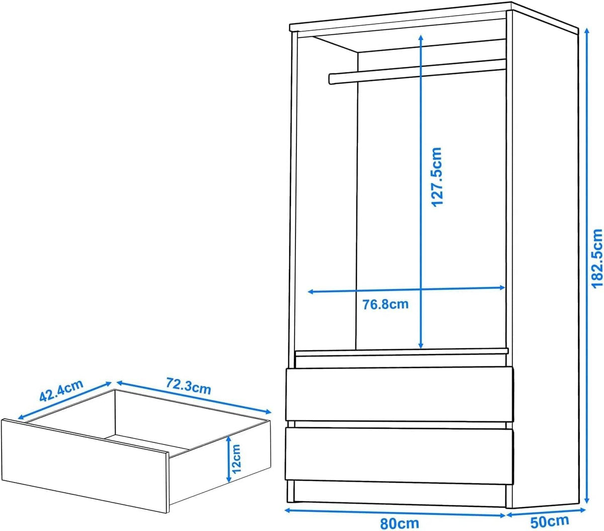 Shano High Gloss Wardrobe for Bedroom – White 2 Door & 2 Drawers Wooden Wardrobe with Hanging Rail, Modern Double Clothes Storage Cupboard Unit for Bedroom Furniture