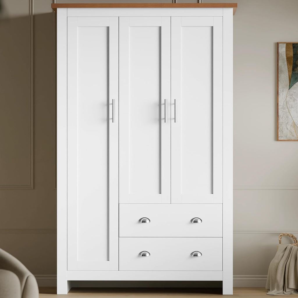 Shano 3 Door Wardrobe with Hanging Rail, 4 Shelves & 2 Drawers | White, Grey & Blue