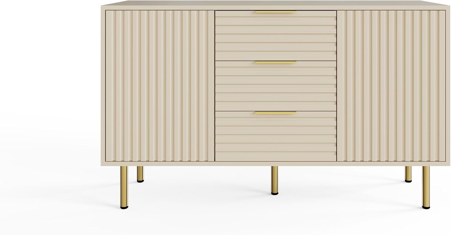 Art Deco Sideboard with 3 Drawers & 2 Doors | Wood Grain Finish | Brushed Metal Handles | Oak, Ivory & Black