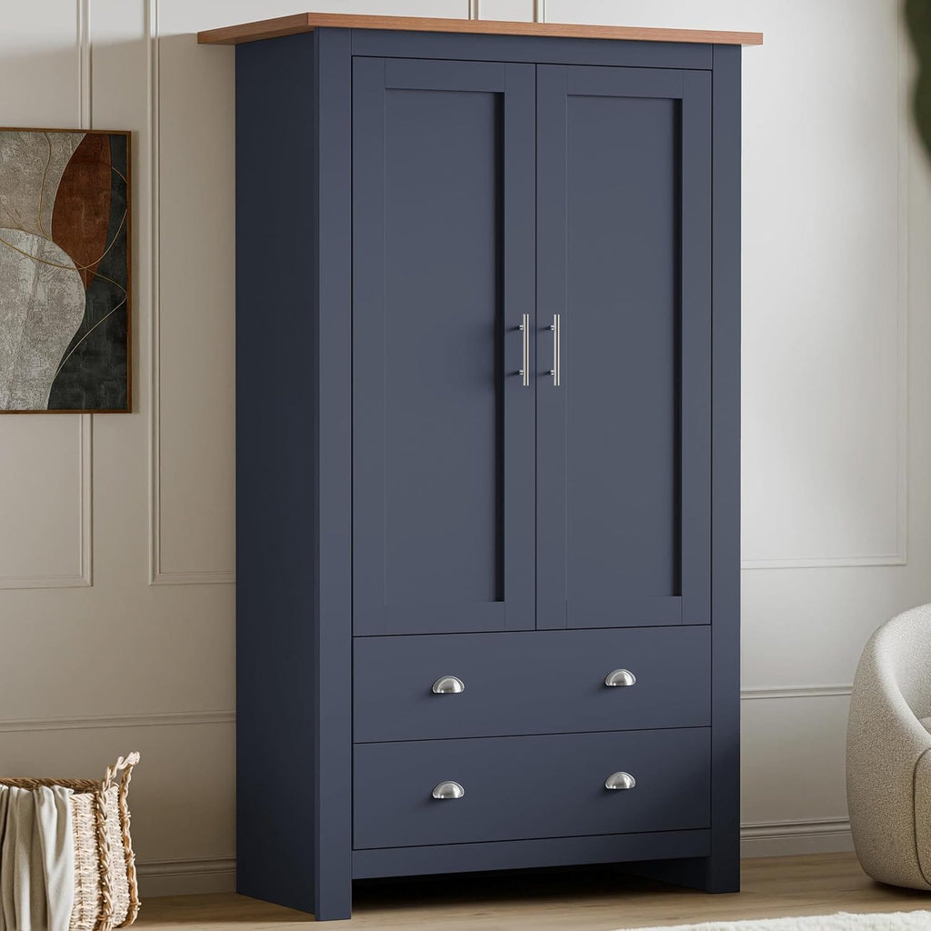 Shano 3 Door Wardrobe with Hanging Rail, 4 Shelves & 2 Drawers | White, Grey & Blue
