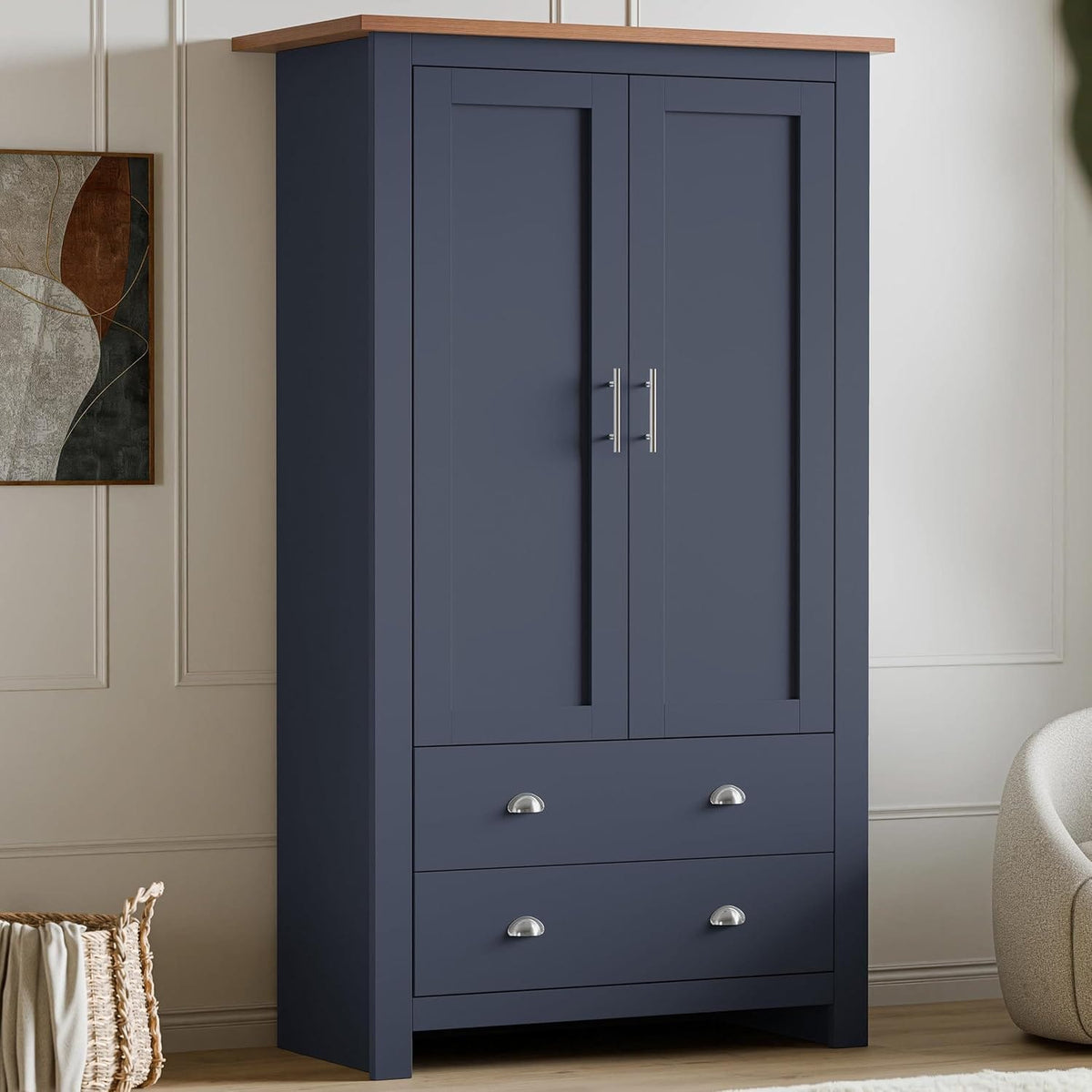 Shano 3 Door Wardrobe with Hanging Rail, 4 Shelves & 2 Drawers | White, Grey & Blue