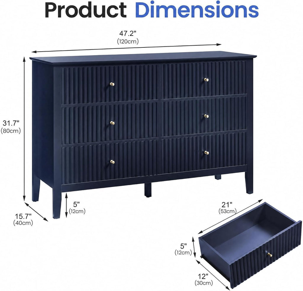Fluted Chest of Drawers | 6 or 3 Drawers | Wide MDF Storage Unit | Water-Resistant | Black, Blue & Green