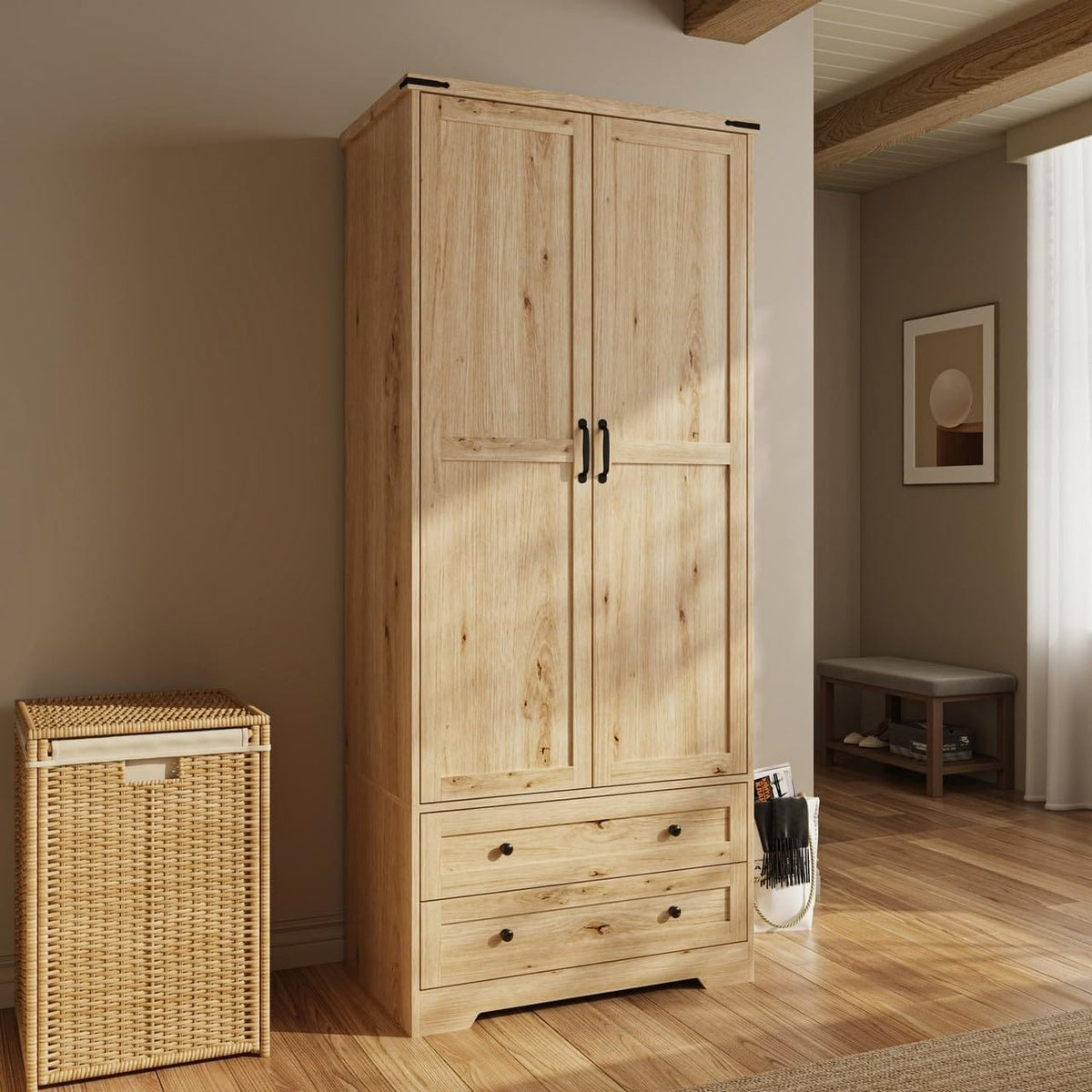 Shano Wardrobe with 3 Doors & 4 Drawers | White, Black, Grey & Oak