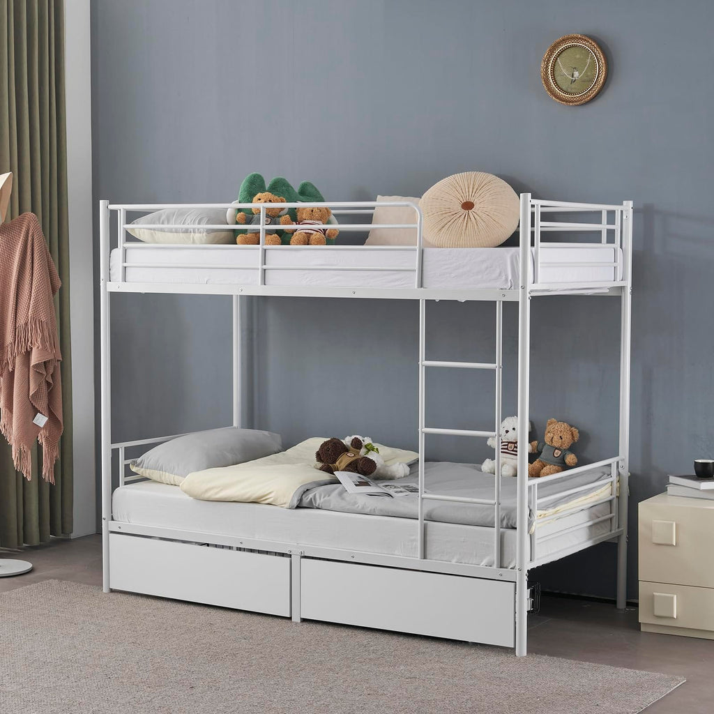 Heavy Duty Metal Bunk Bed Frame with 2 Storage Drawers