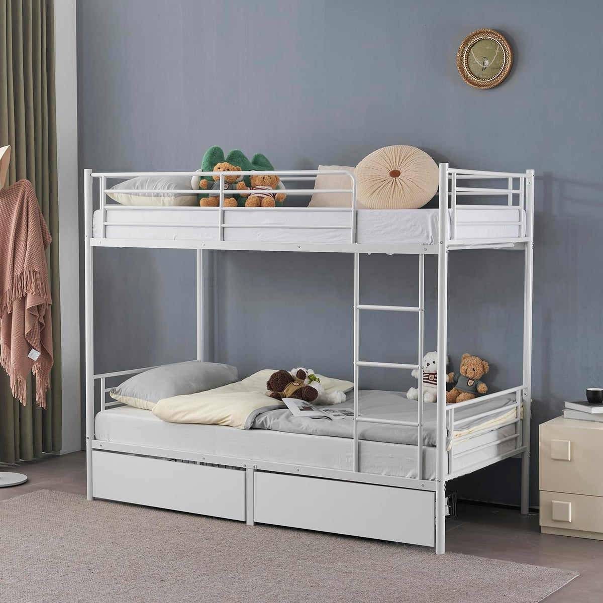 Heavy Duty Metal Bunk Bed Frame with 2 Storage Drawers