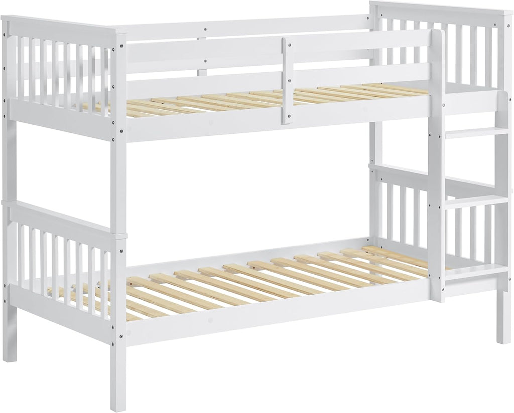 Single Bunk Bed Frame | Solid Pine Wood | Guard Rails & Ladder | Splits into 2 Beds | White & Grey
